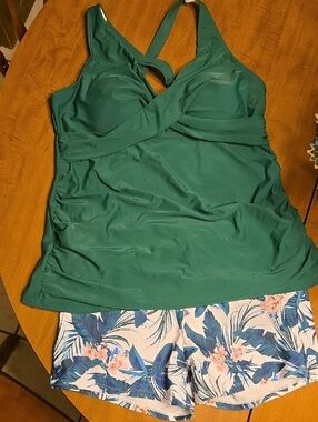 Two Piece Green Twist Front Tankini Swim Top with Tropical Shorts